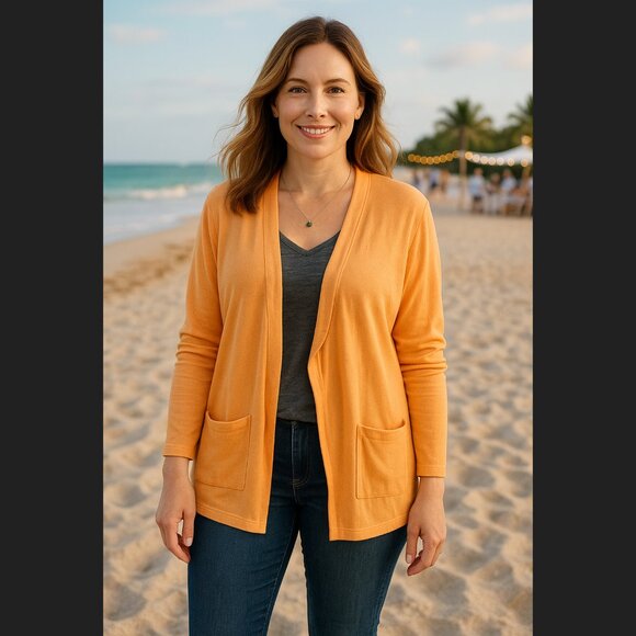 J. Jill Open Front Cardigan Medium PETITE Orange Cotton Lightweight Pockets EUC - Picture 1 of 13